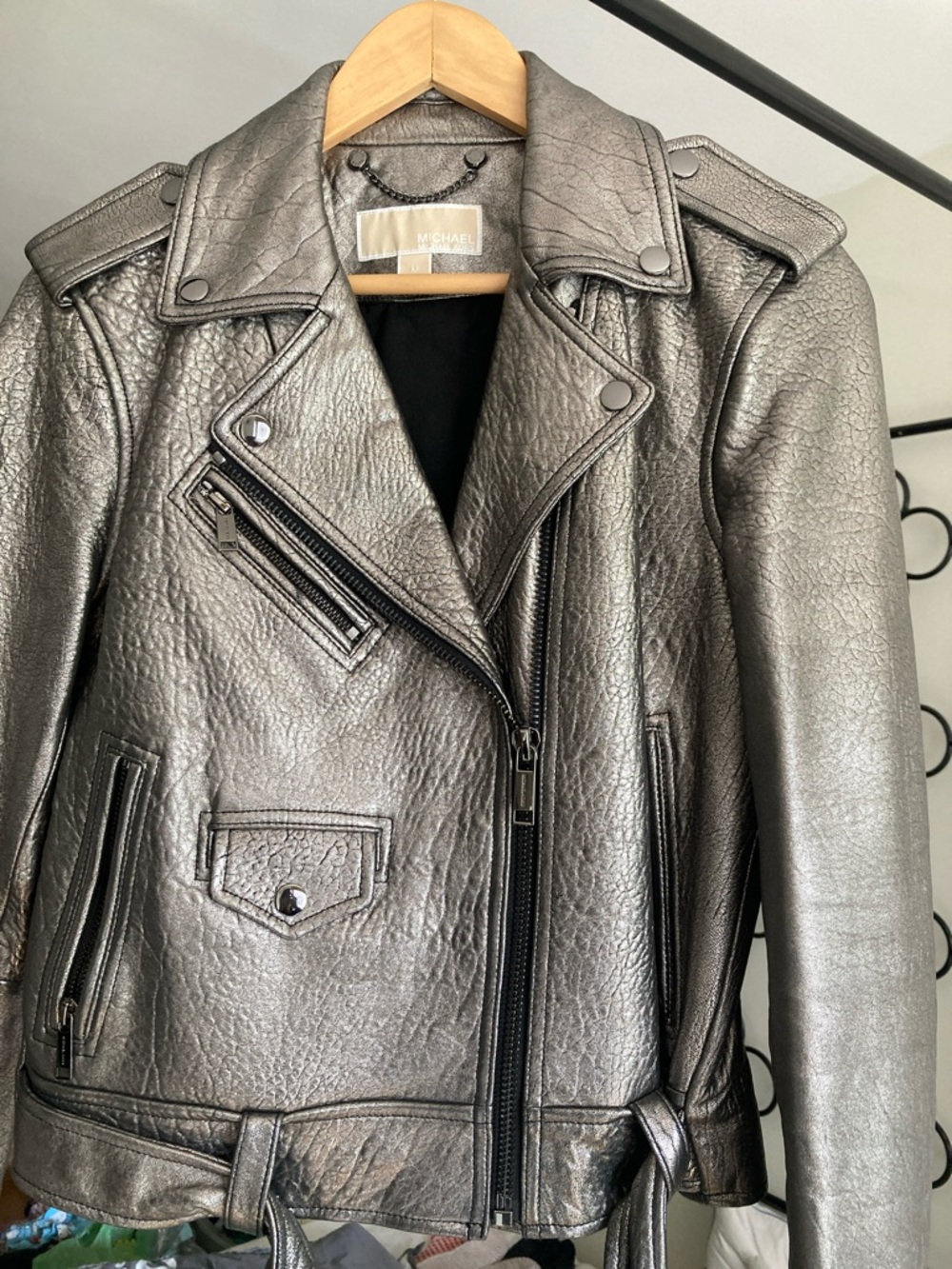 Michael Kors Silver Metallic Leather Biker Jacket